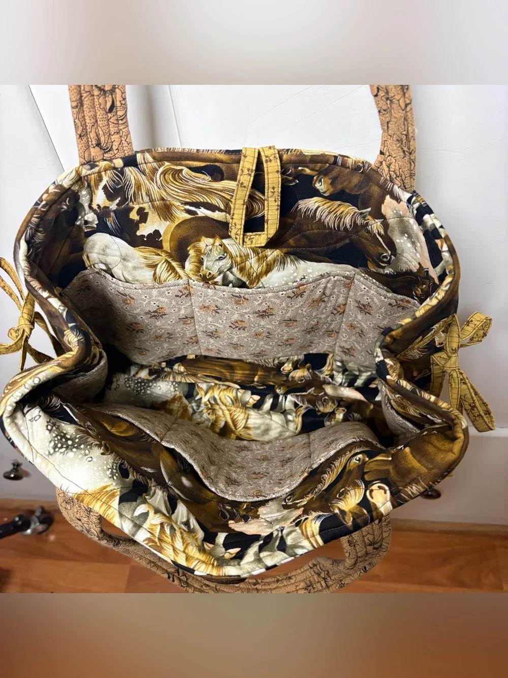 Vintage 90s Brown Tan Quilted Floral Horse Print Tote Shoulder Bag Purse